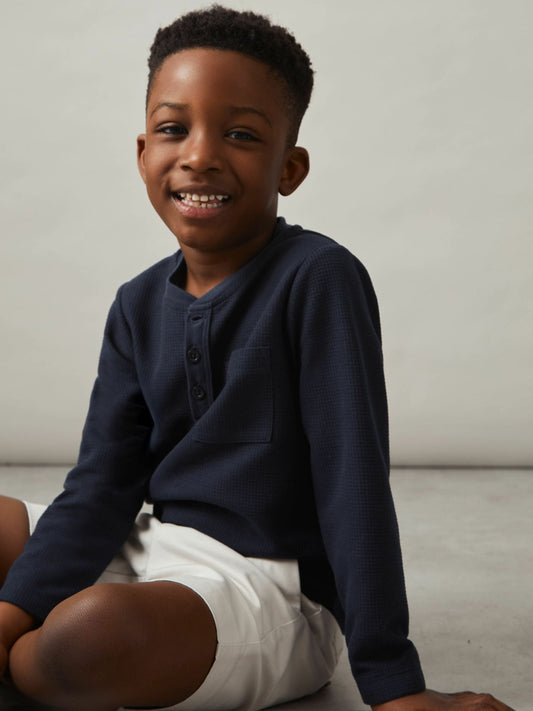 Reiss 9-13 yrs Cotton-Blend Waffle Henley T-Shirt in Navy
