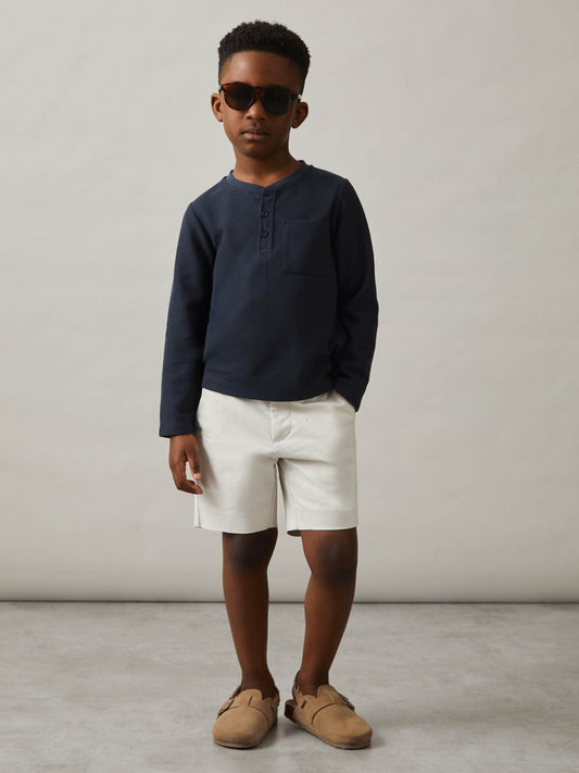 Reiss 3-9 yrs Cotton-Blend Waffle Henley T-Shirt in Navy