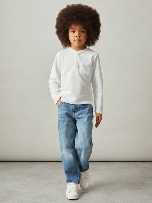 Reiss 9-13 yrs Cotton-Blend Waffle Henley T-Shirt in White