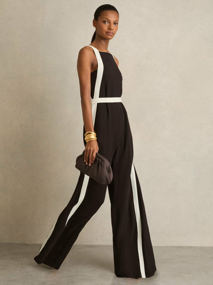 Reiss Popular Choice - Colourblock Wide Leg Belted Jumpsuit in Chocolate/Cream
