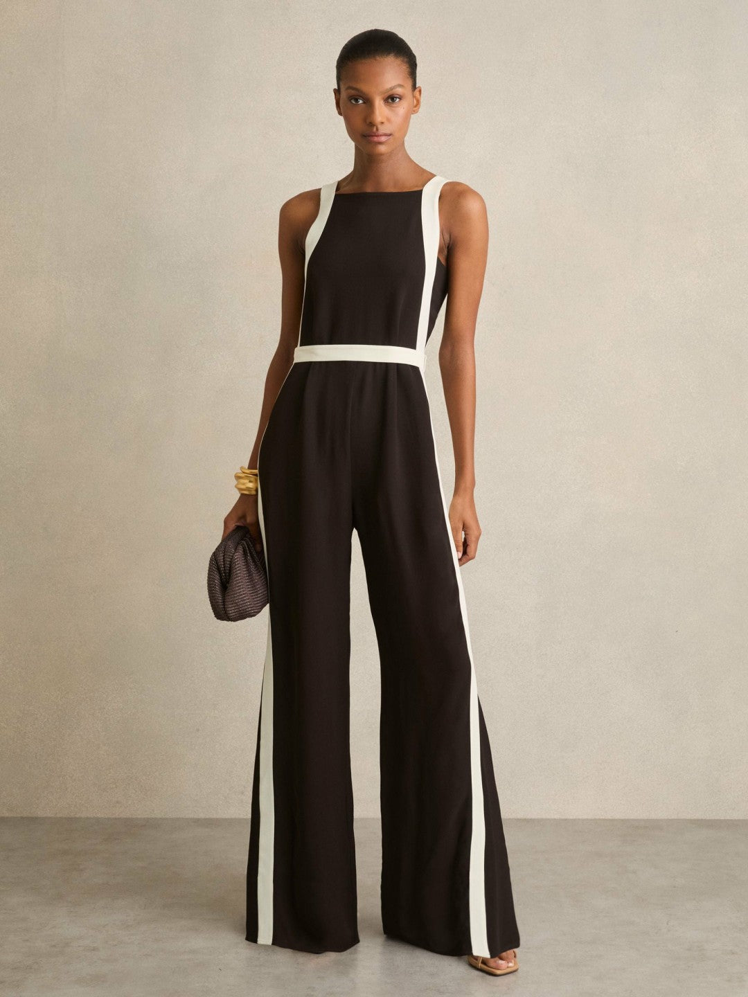 Reiss Popular Choice - Colourblock Wide Leg Belted Jumpsuit in Chocolate/Cream