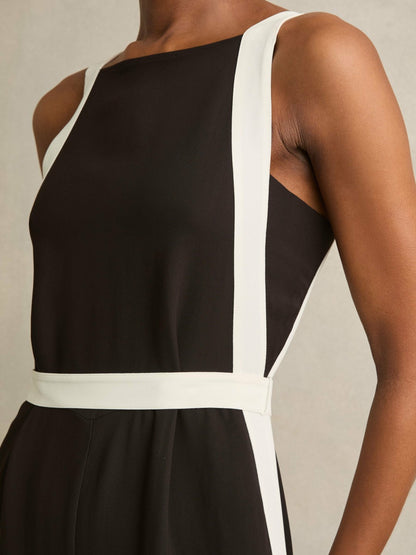 Reiss Popular Choice - Colourblock Wide Leg Belted Jumpsuit in Chocolate/Cream
