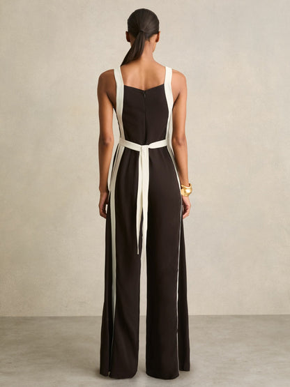 Reiss Popular Choice - Colourblock Wide Leg Belted Jumpsuit in Chocolate/Cream