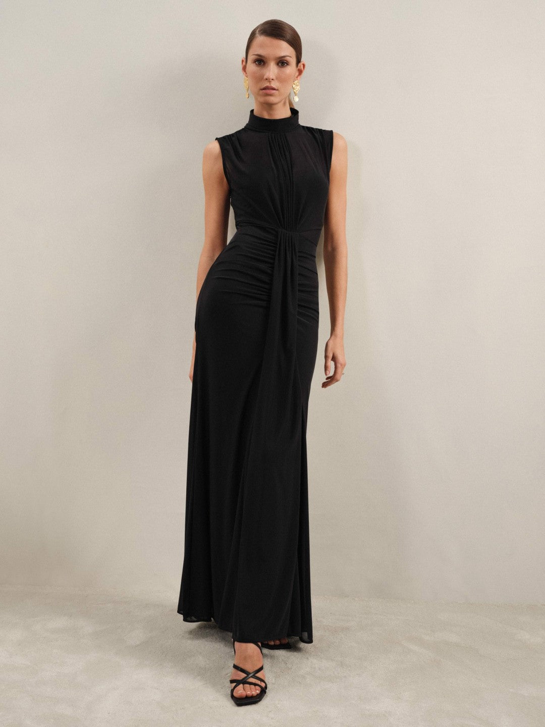 Reiss Sheer Ruched Maxi Dress in Black