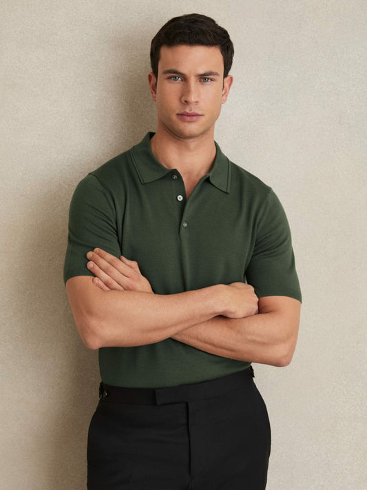 Reiss Best Seller - Merino Wool Short-Sleeve Polo Shirt in Kale Green