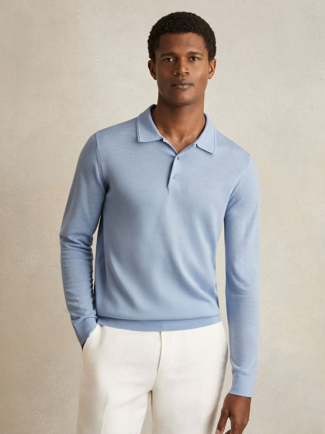 Reiss Offer - Merino Wool Long-Sleeve Polo Shirt in Soft Blue