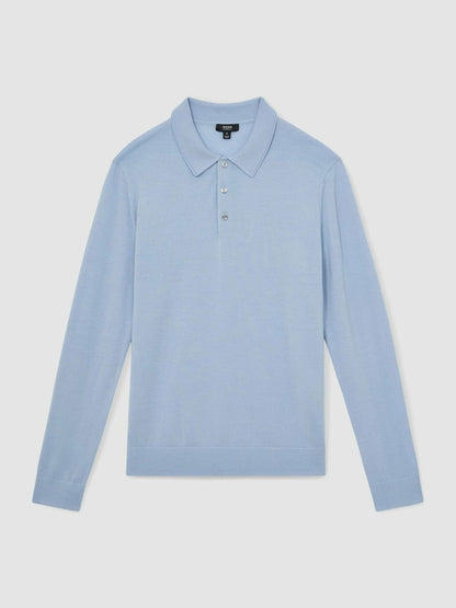 Reiss Offer - Merino Wool Long-Sleeve Polo Shirt in Soft Blue