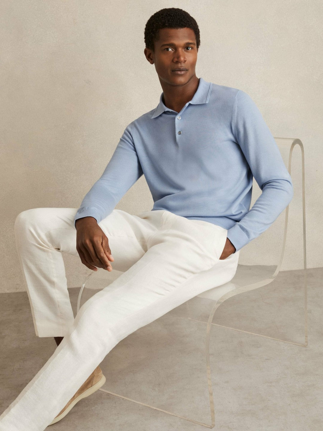 Reiss Offer - Merino Wool Long-Sleeve Polo Shirt in Soft Blue