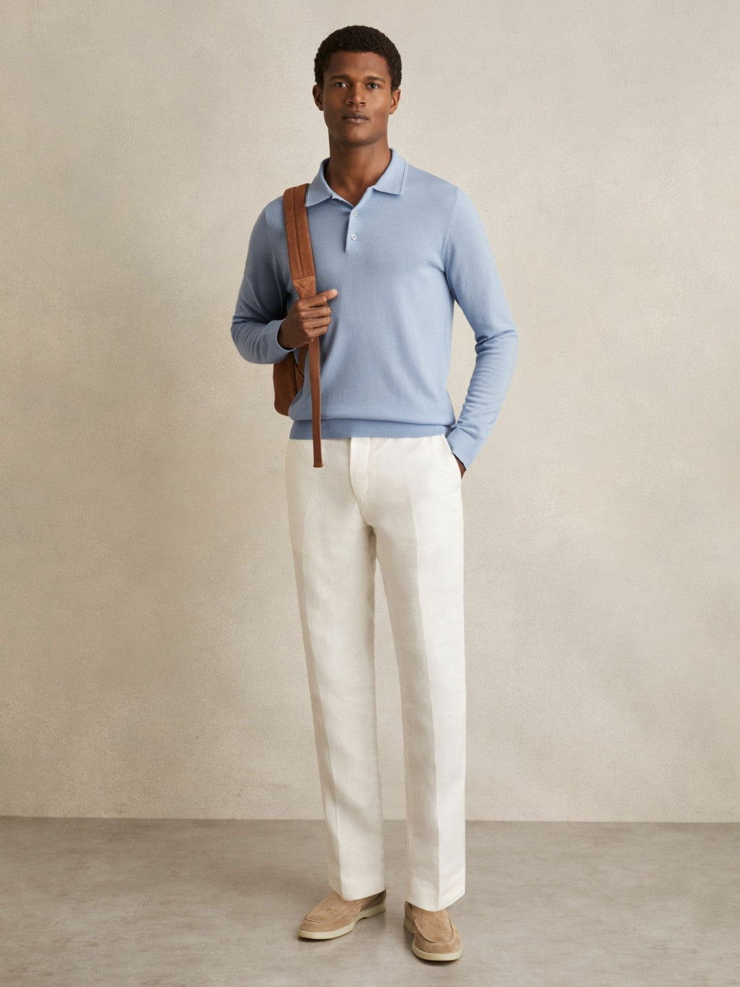 Reiss Offer - Merino Wool Long-Sleeve Polo Shirt in Soft Blue
