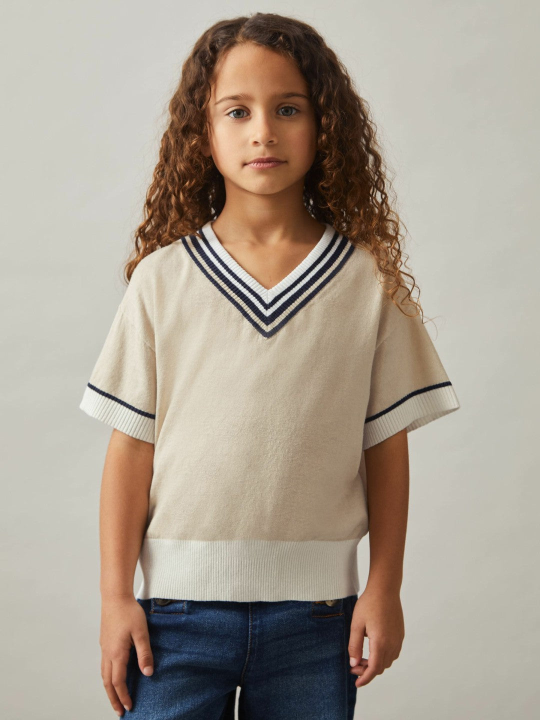 Reiss Offer - 4-9 yrs Cotton-Linen Knit V-Neck Cricket Top in Neutral