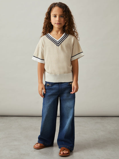 Reiss Offer - 4-9 yrs Cotton-Linen Knit V-Neck Cricket Top in Neutral