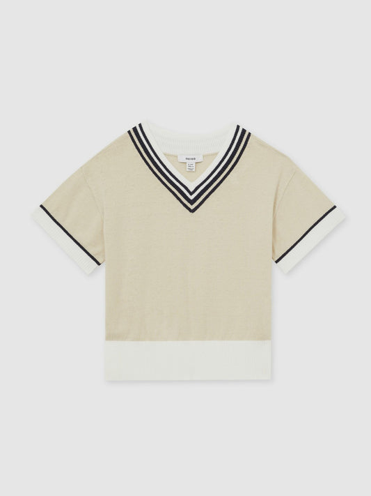 Reiss Sale - 13-14 yrs Cotton-Linen Knit V-Neck Cricket Top in Neutral