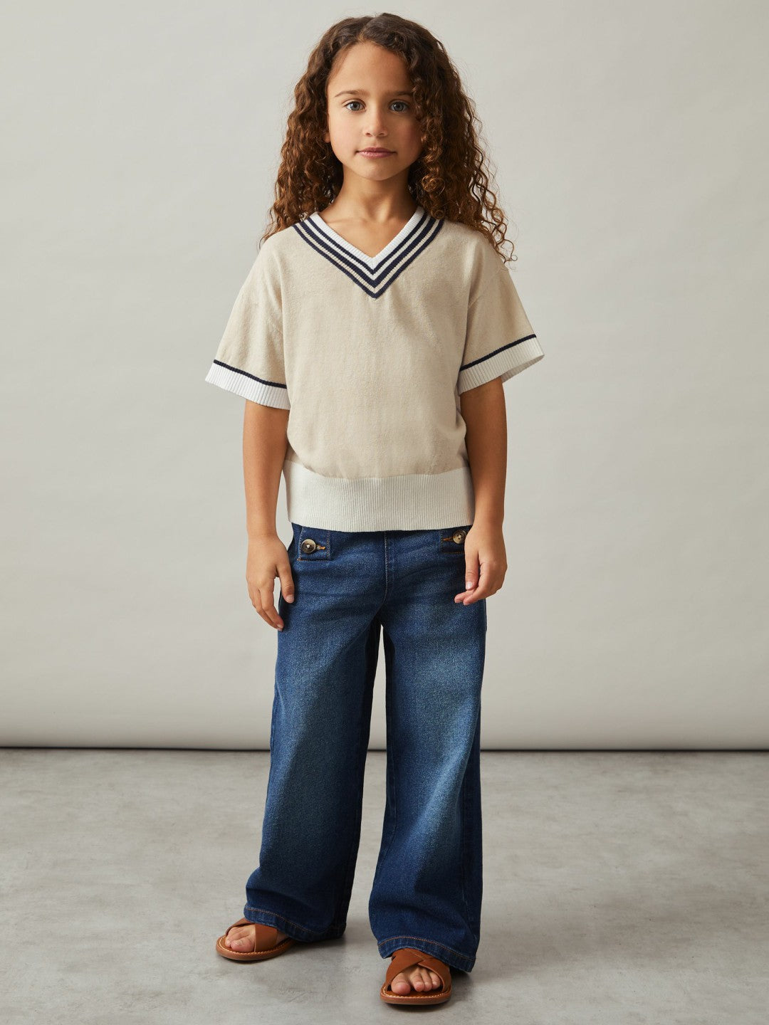 Reiss Featured - 9-13 yrs Cotton-Linen Knit V-Neck Cricket Top in Neutral