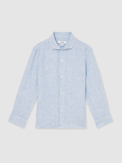 Reiss Best Seller - 13-14 yrs Linen Cutaway Collar Shirt in Blue/White Stripe
