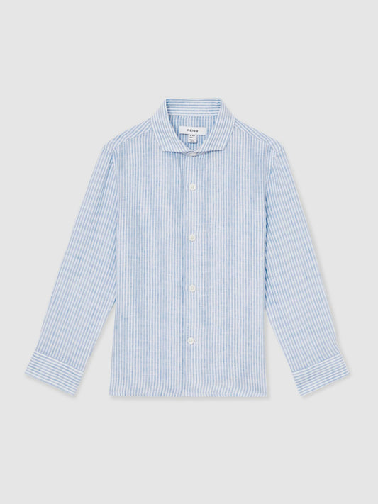 Reiss Best Seller - 13-14 yrs Linen Cutaway Collar Shirt in Blue/White Stripe