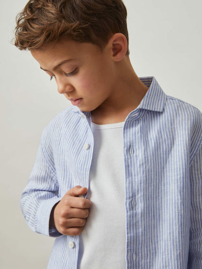 Reiss Best Seller - 13-14 yrs Linen Cutaway Collar Shirt in Blue/White Stripe