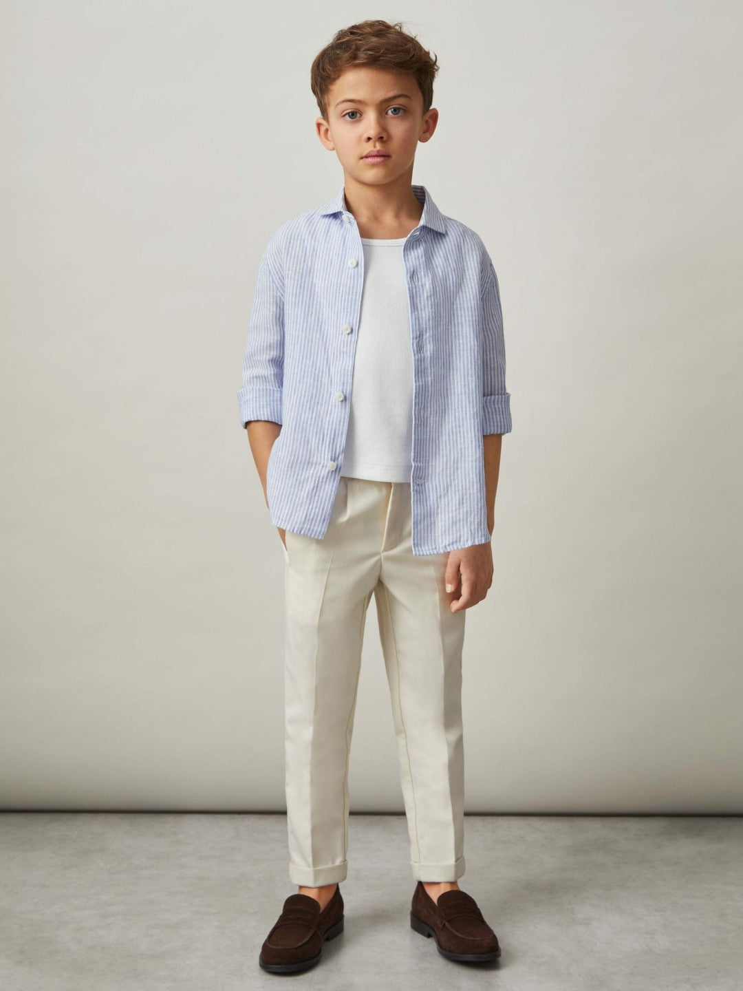 Reiss Best Seller - 13-14 yrs Linen Cutaway Collar Shirt in Blue/White Stripe
