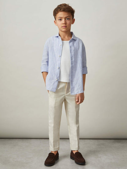 Reiss Best Seller - 13-14 yrs Linen Cutaway Collar Shirt in Blue/White Stripe