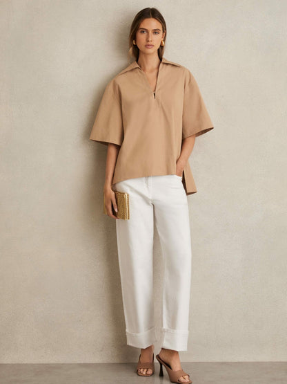 Reiss Savings - Cotton Blend Craft Stitch Collared Top in Camel