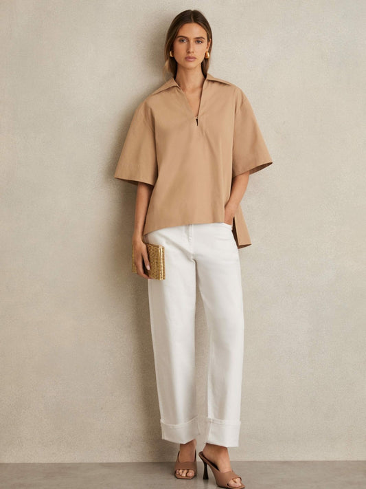 Reiss Savings - Cotton Blend Craft Stitch Collared Top in Camel