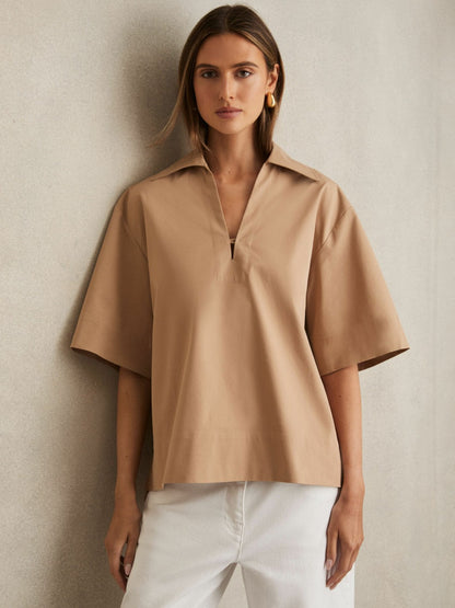 Reiss Savings - Cotton Blend Craft Stitch Collared Top in Camel