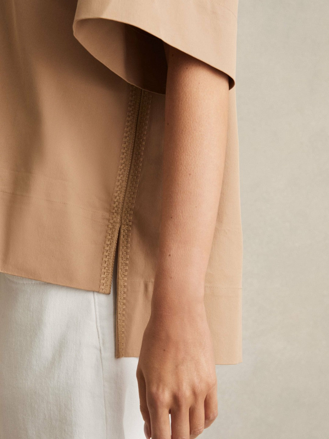 Reiss Savings - Cotton Blend Craft Stitch Collared Top in Camel