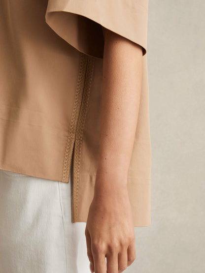 Reiss Savings - Cotton Blend Craft Stitch Collared Top in Camel
