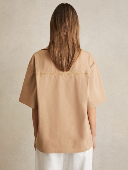 Reiss Savings - Cotton Blend Craft Stitch Collared Top in Camel