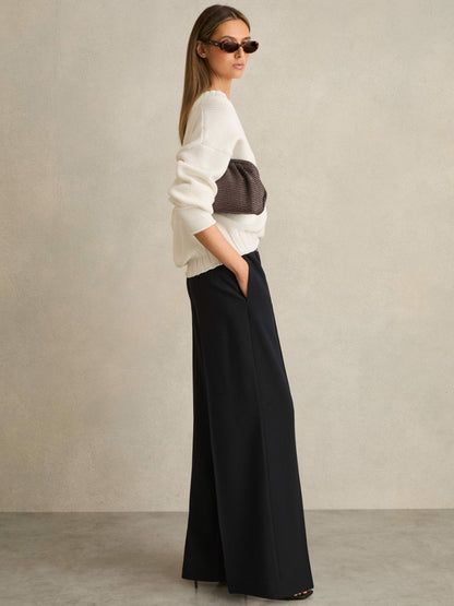 Reiss Deal - Petite Wide-Leg Elasticated-Waist Trousers in Navy