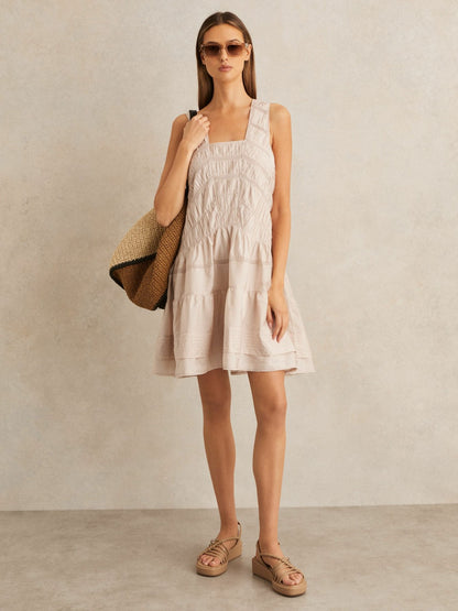 Reiss Deal - Shirred Ruffle Hem Mini Dress in Neutral