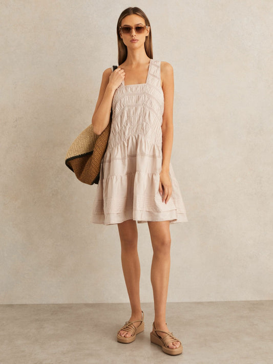 Reiss Deal - Shirred Ruffle Hem Mini Dress in Neutral