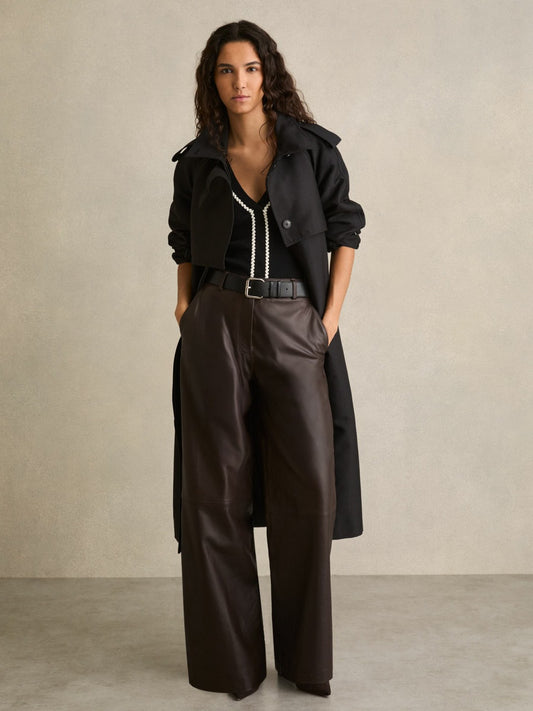 Reiss Best Seller - Petite Leather Wide Leg Trousers in Chocolate