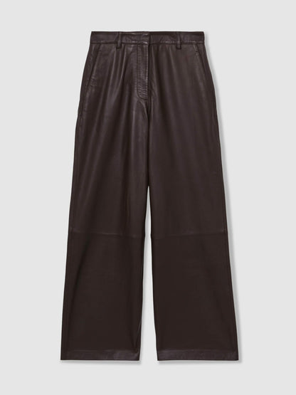 Reiss Best Seller - Petite Leather Wide Leg Trousers in Chocolate