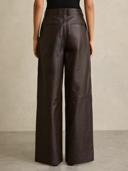 Reiss Best Seller - Petite Leather Wide Leg Trousers in Chocolate