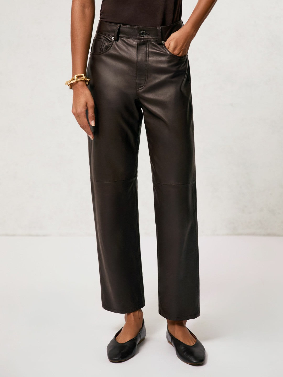 Reiss Featured - Petite Leather Slim-Leg Trousers in Chocolate