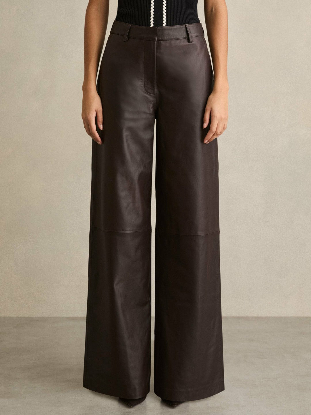 Reiss Savings - Leather Wide Leg Trousers in Chocolate