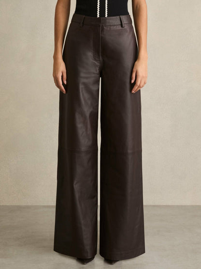 Reiss Savings - Leather Wide Leg Trousers in Chocolate