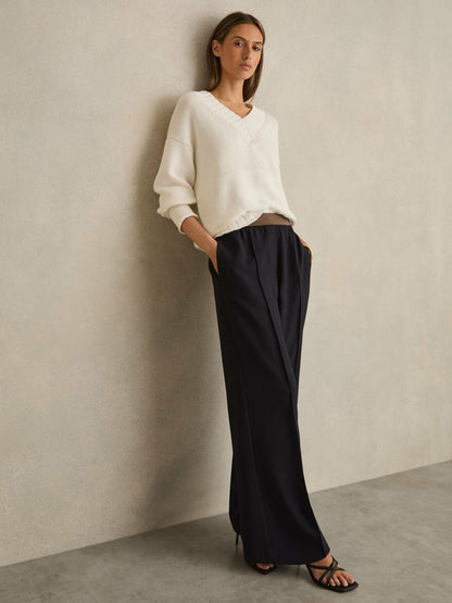 Reiss Wide-Leg Elasticated-Waist Trousers in Navy