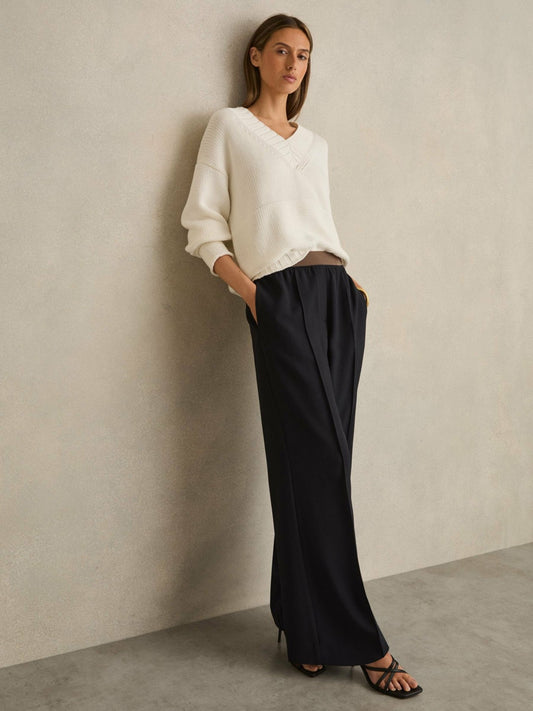 Reiss Wide-Leg Elasticated-Waist Trousers in Navy