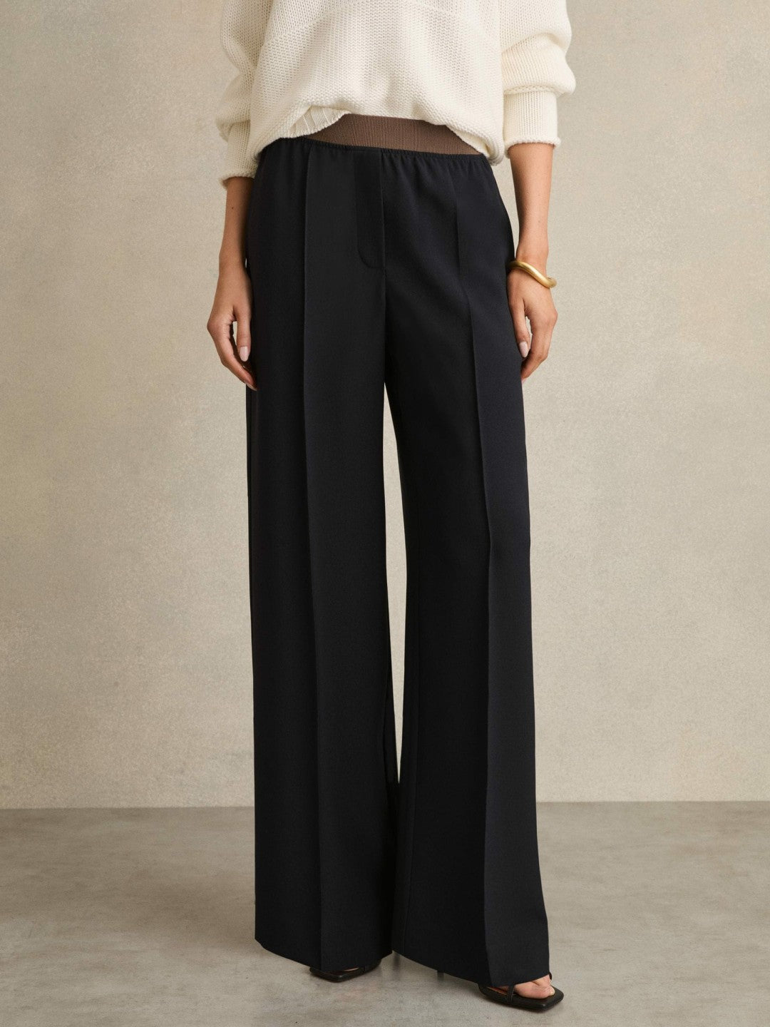 Reiss Wide-Leg Elasticated-Waist Trousers in Navy