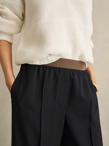 Reiss Wide-Leg Elasticated-Waist Trousers in Navy