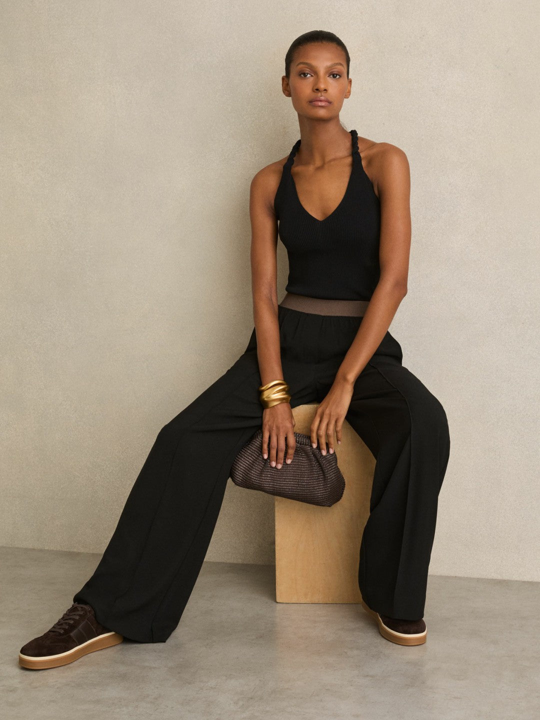 Reiss Affordable - Petite Wide-Leg Elasticated-Waist Trousers in Black