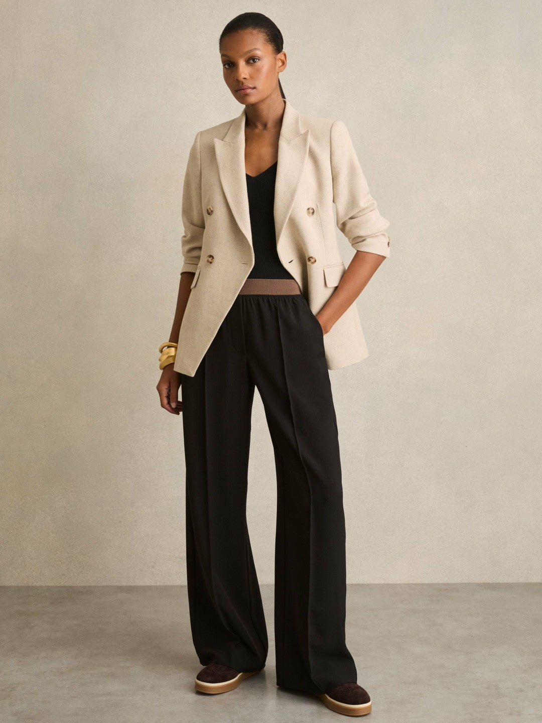 Reiss Sale - Wide-Leg Elasticated-Waist Trousers in Black