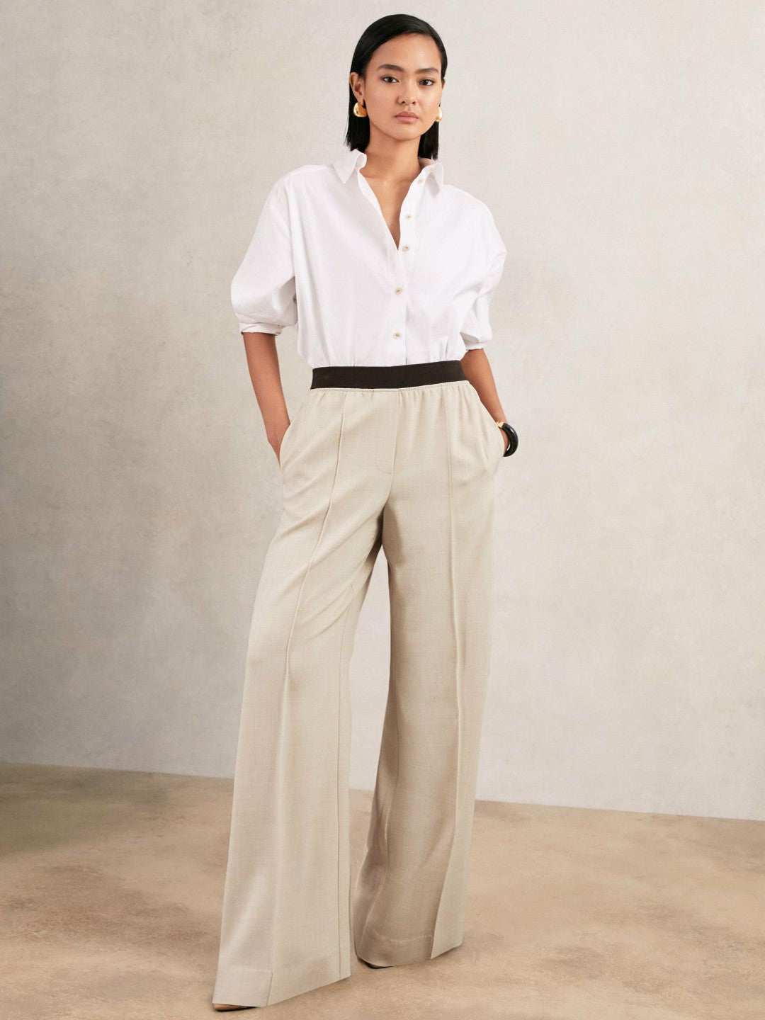 Reiss Featured - Wide-Leg Elasticated-Waist Trousers in Neutral
