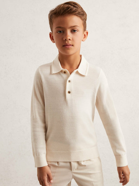 Reiss 9-13 yrs Merino Wool Long-Sleeve Polo Shirt in Snow