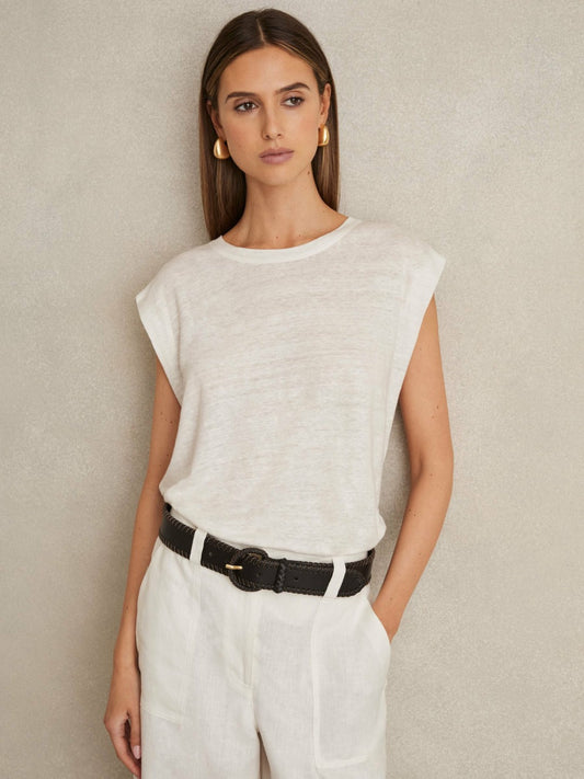 Reiss Linen Cap-Sleeve T-Shirt in White