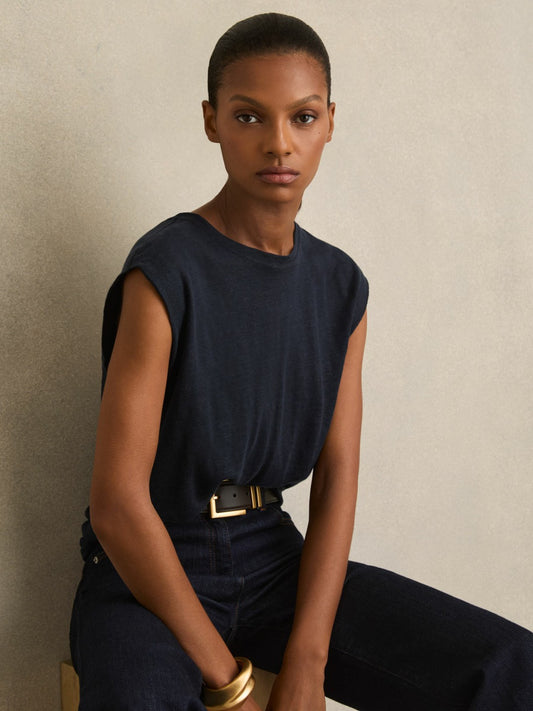 Reiss Best Seller - Linen Cap-Sleeve T-Shirt in Navy