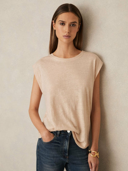Reiss Featured - Linen Cap-Sleeve T-Shirt in Peach