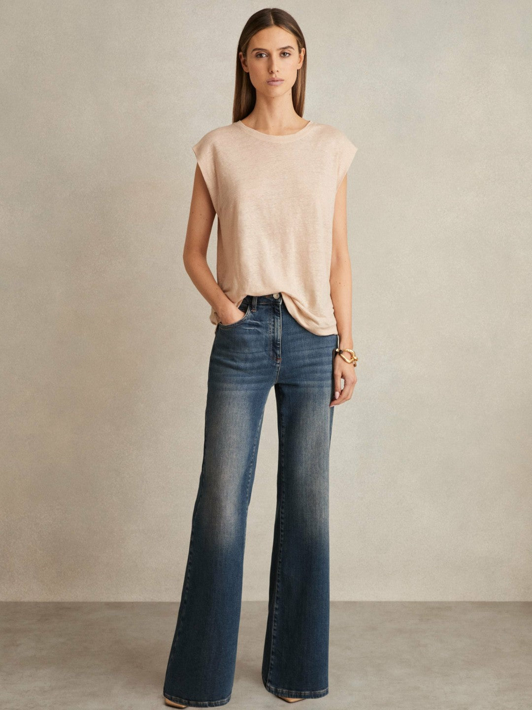 Reiss Featured - Linen Cap-Sleeve T-Shirt in Peach