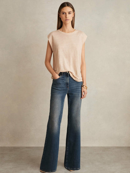 Reiss Featured - Linen Cap-Sleeve T-Shirt in Peach